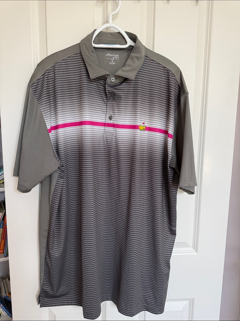 Masters Gray Polo with Pink Chest Stripe